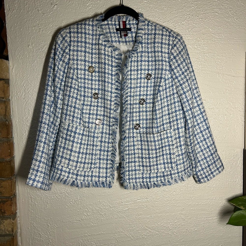 Tommy Hilfiger NWOT Blue and White Tweed Double-Breasted Jacket